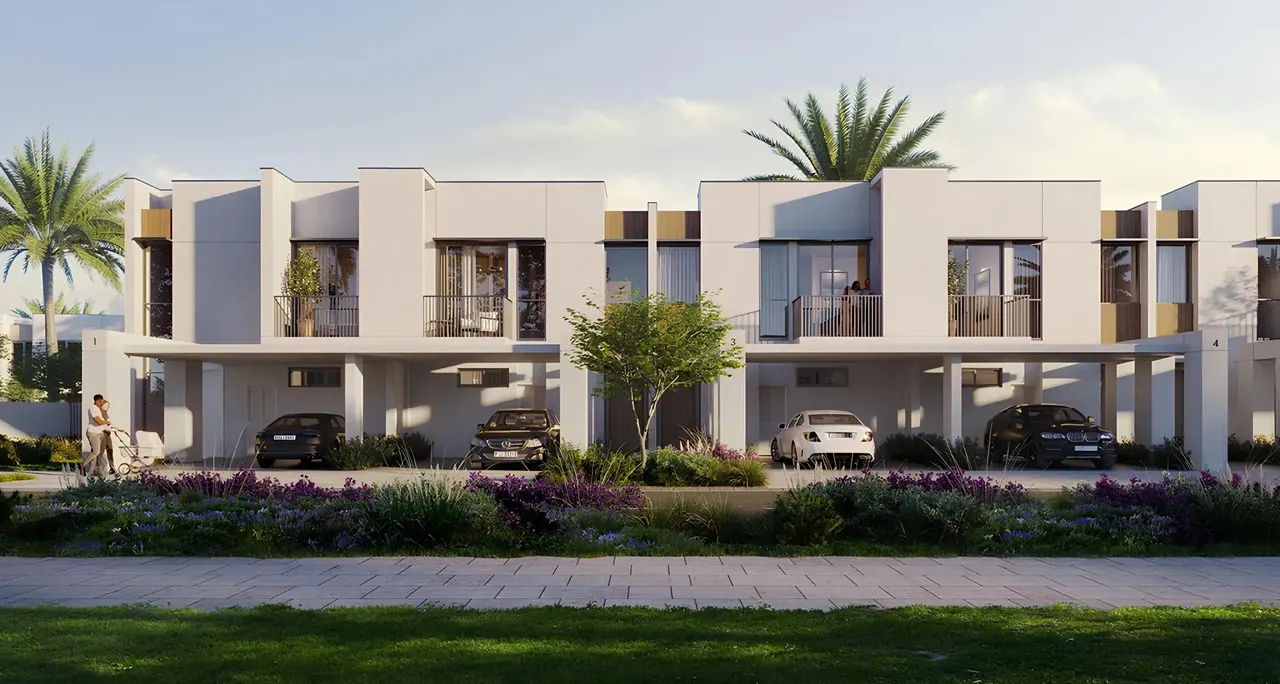 Nima at The Valley by Emaar modern townhouse facade with balconies covered parking and landscaped front gardens in Dubai - Presented by Tohid Fetrat
