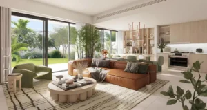 Nima at The Valley by Emaar open plan living room with modern kitchen natural light and garden view in Dubai - Presented by Tohid Fetrat