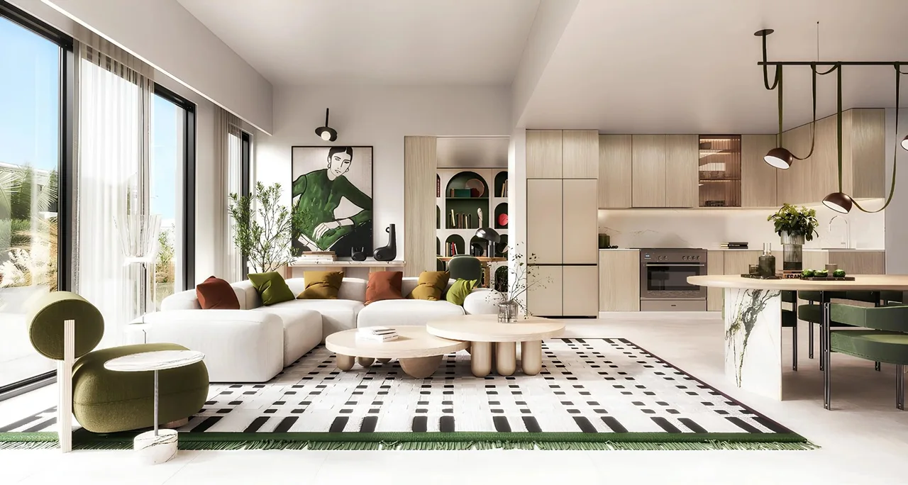 Nima at The Valley by Emaar open plan living and dining area with modern kitchen natural light and contemporary interior design in Dubai - Presented by Tohid Fetrat