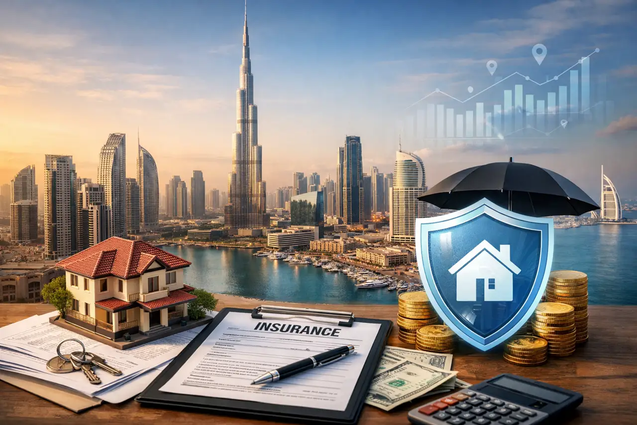 Off plan property insurance in Dubai showing investment protection insurance documents villa model financial elements and skyline view Presented by Tohid Fetrat