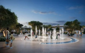 Ovelle at The Valley by Emaar interactive fountain plaza with children playing in a landscaped community park in Dubai - Presented by Tohid Fetrat