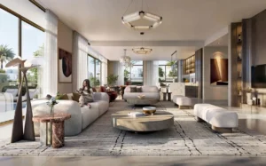 Ovelle at The Valley by Emaar luxury villa open plan living room interior with designer furniture large windows and garden views in Dubai - Presented by Tohid Fetrat