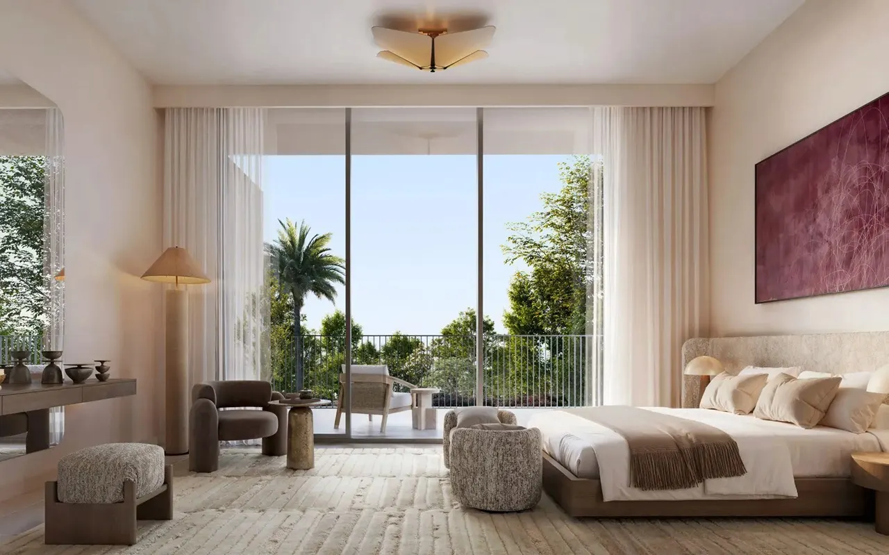 Ovelle at The Valley by Emaar modern bedroom interior with large glass doors and balcony garden view in Dubai - Presented by Tohid Fetrat