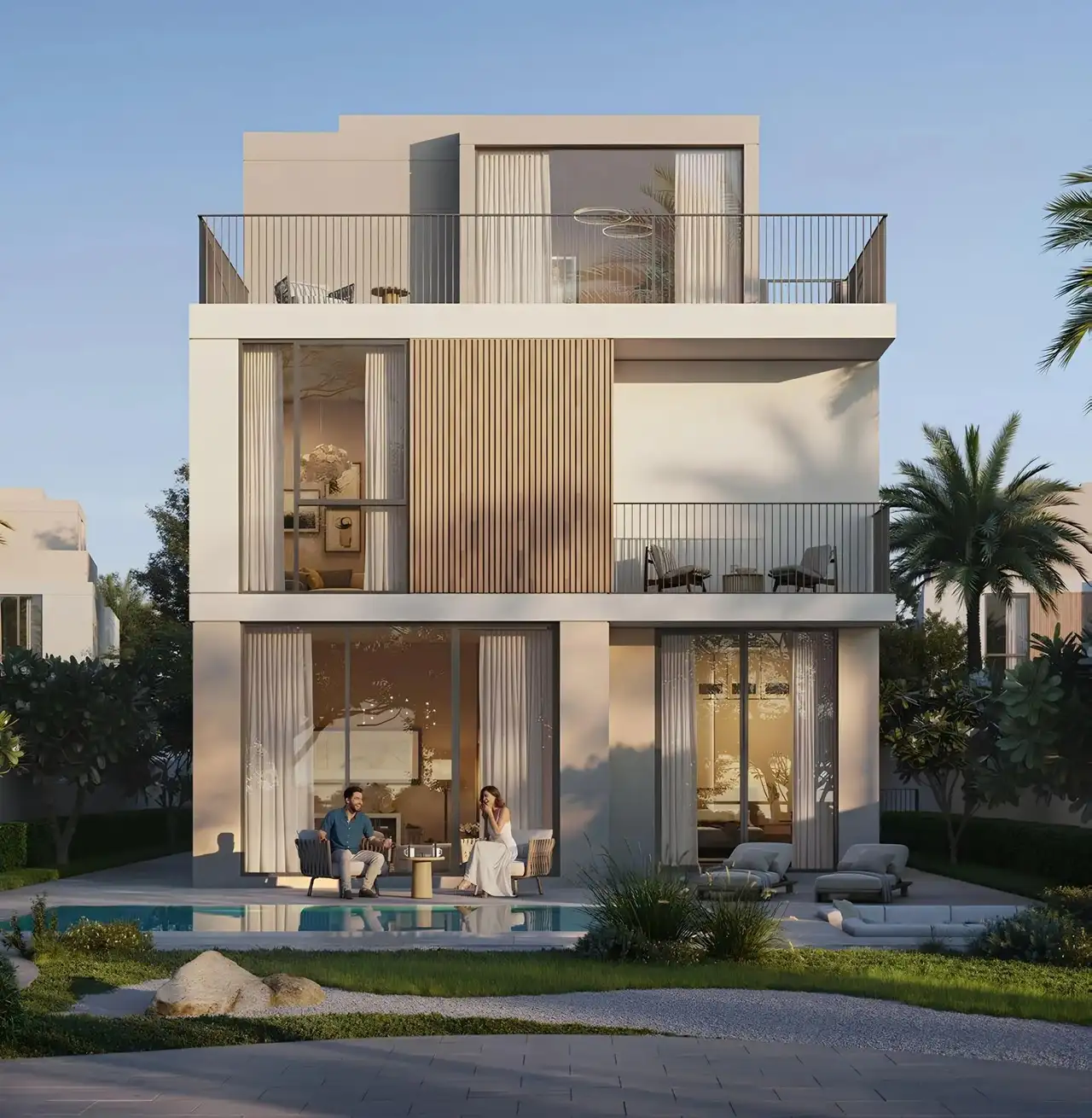 Ovelle at The Valley by Emaar modern villa architecture with large glass windows balconies and private pool in Dubai - Presented by Tohid Fetrat