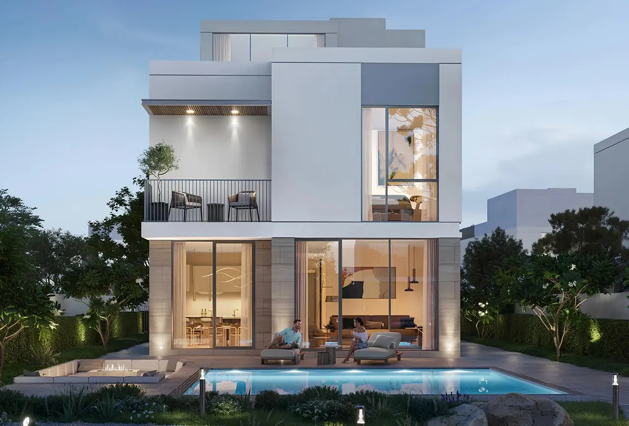 Ovelle at The Valley by Emaar modern villa exterior with balcony terrace large glass windows and private pool at sunset in Dubai - Presented by Tohid Fetrat