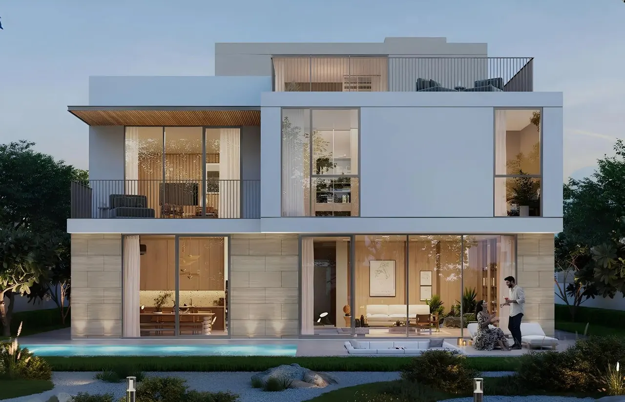 Ovelle at The Valley by Emaar modern villa exterior with large glass windows balcony terrace and private pool in Dubai - Presented by Tohid Fetrat