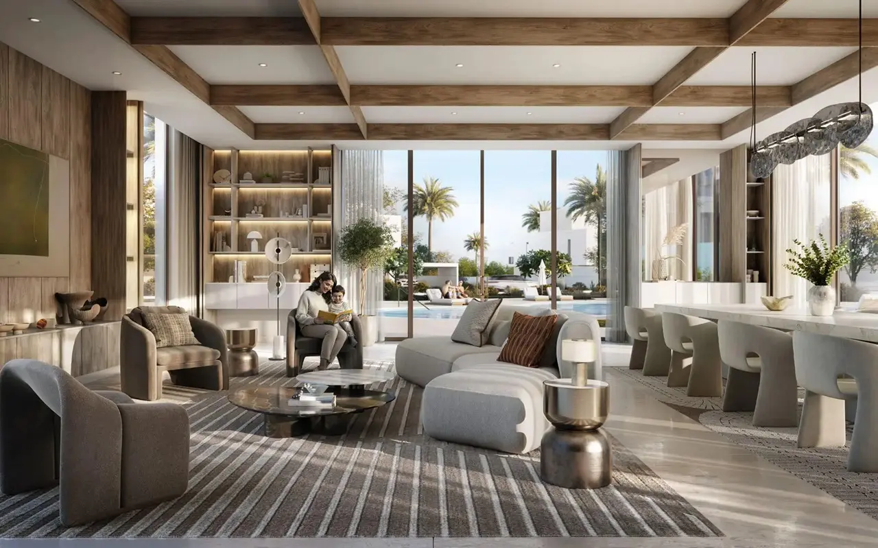 Ovelle at The Valley by Emaar modern villa living room interior with floor to ceiling windows open dining area and garden views in Dubai - Presented by Tohid Fetrat