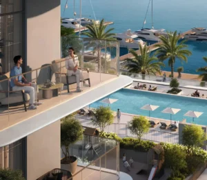 Porto View at Rashid Yachts & Marina by Emaar balcony with seating overlooking swimming pool palm trees and marina with yachts in Dubai - Presented by Tohid Fetrat