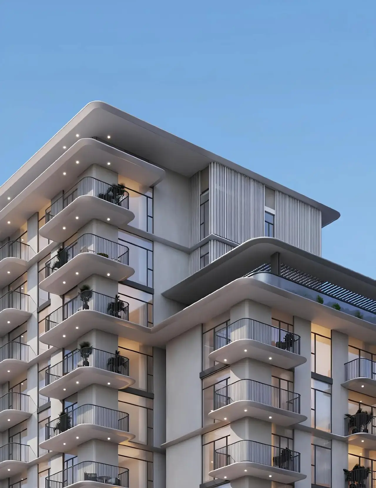 Porto View at Rashid Yachts & Marina by Emaar modern building facade with curved balconies glass railings and soft exterior lighting in Dubai - Presented by Tohid Fetrat