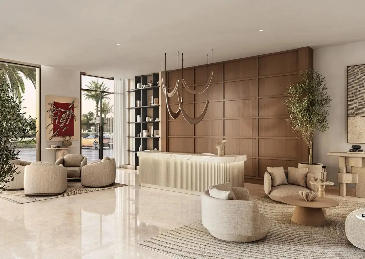 Porto View at Rashid Yachts & Marina by Emaar lobby interior with reception desk wooden wall panels soft seating and modern lighting in Dubai - Presented by Tohid Fetrat