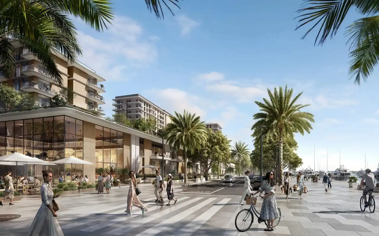 Porto View at Rashid Yachts & Marina by Emaar marina promenade with palm trees outdoor cafes and waterfront walkway in Dubai - Presented by Tohid Fetrat