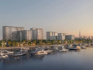 Porto View at Rashid Yachts & Marina by Emaar marina with luxury yachts waterfront residences and Dubai skyline at sunset in Dubai - Presented by Tohid Fetrat