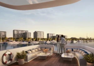 Porto View at Rashid Yachts & Marina by Emaar rooftop lounge with seating marina view luxury yachts and Dubai skyline at sunset in Dubai - Presented by Tohid Fetrat