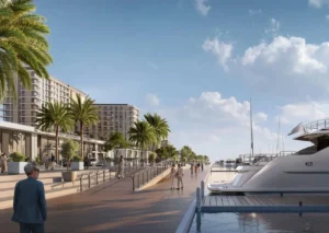 Porto View at Rashid Yachts & Marina by Emaar waterfront boardwalk with yachts palm trees and pedestrian promenade in Dubai - Presented by Tohid Fetrat
