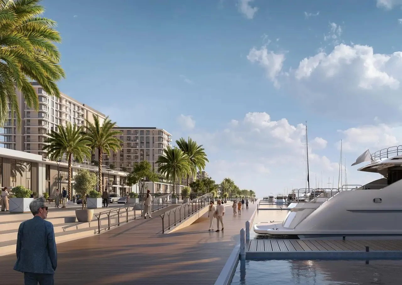 Porto View at Rashid Yachts & Marina by Emaar waterfront boardwalk with yachts palm trees and pedestrian promenade in Dubai - Presented by Tohid Fetrat