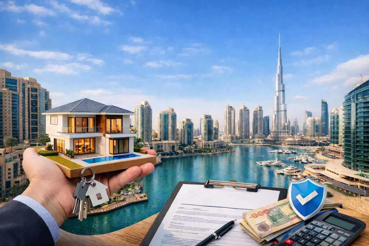 Property insurance after handover in Dubai showing villa ownership keys insurance documents financial elements and skyline view Presented by Tohid Fetrat