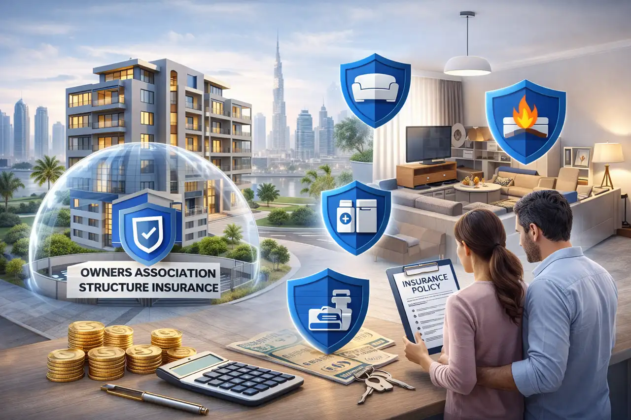 Property insurance after property handover in Dubai showing building protection home contents coverage insurance policy and Dubai skyline background Presented by Tohid Fetrat
