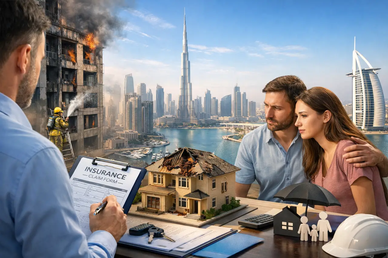 Property insurance claims process in Dubai showing damaged building fire incident claim form assessment and homeowners with insurer support Presented by Tohid Fetrat