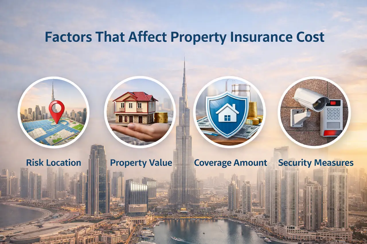 Property insurance cost in Dubai factors affecting cost including risk location property value coverage amount and security measures Presented by Tohid Fetrat