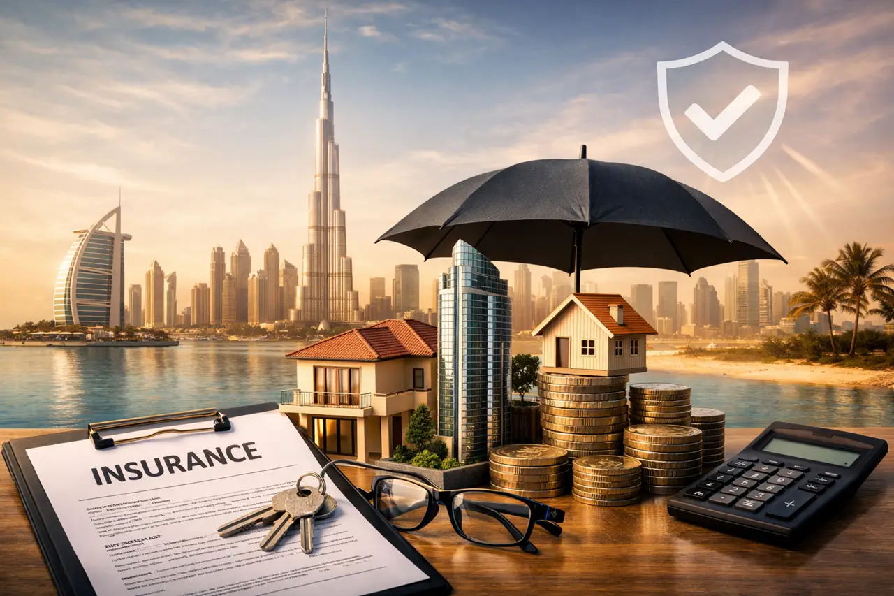 Property insurance cost in Dubai showing insurance documents calculator coins and protected homes with skyline view Presented by Tohid Fetrat