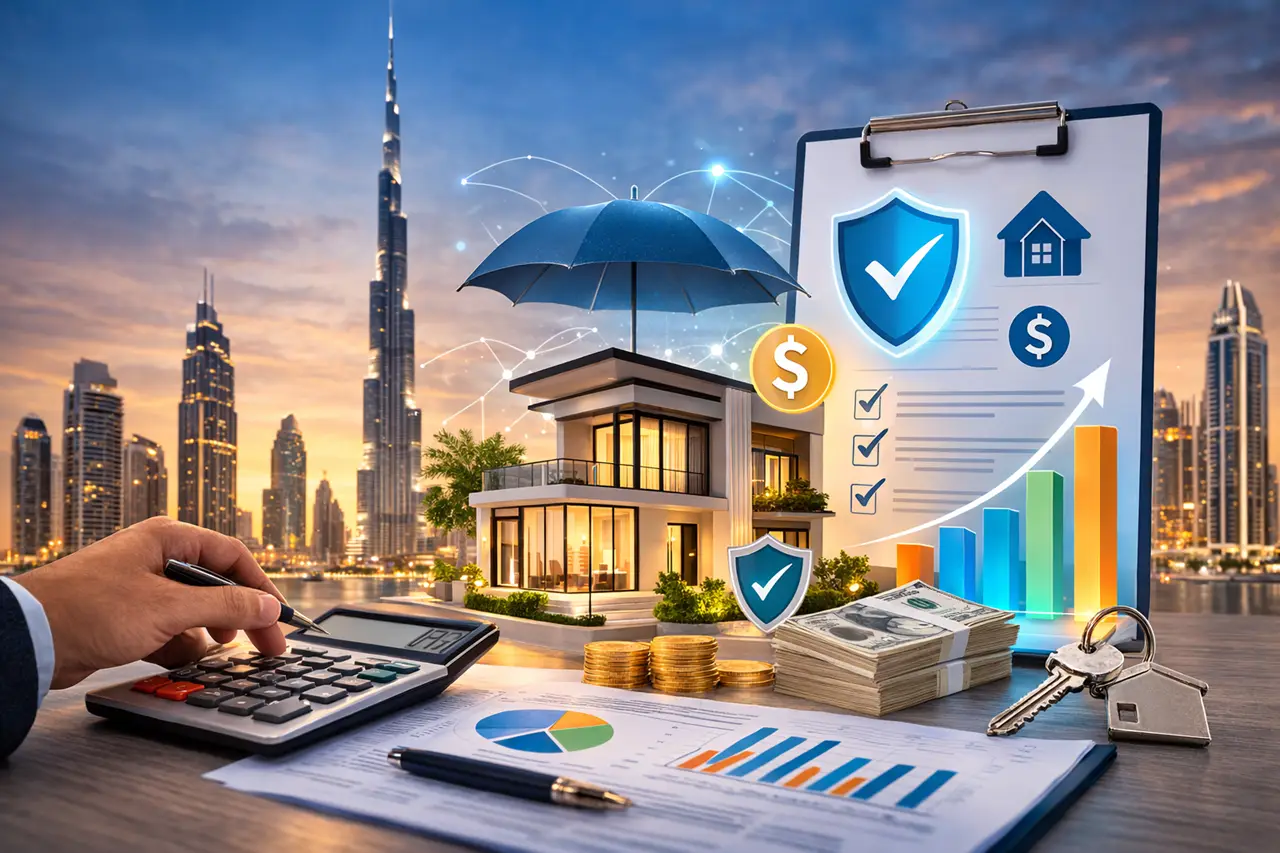 Property insurance cost in Dubai concept showing home insurance protection financial charts calculator and Dubai skyline background Presented by Tohid Fetrat