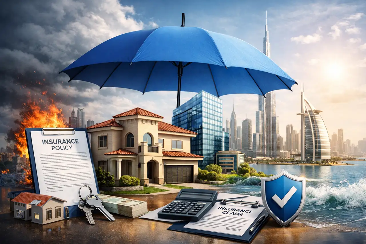 Property insurance coverage in Dubai showing protected home with umbrella insurance policy documents calculator and risk elements like fire and water Presented by Tohid Fetrat