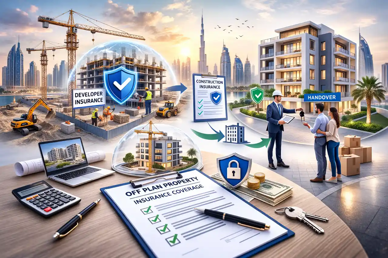 Property insurance during off plan purchase in Dubai showing construction phase developer insurance construction insurance and property handover with Dubai skyline background Presented by Tohid Fetrat