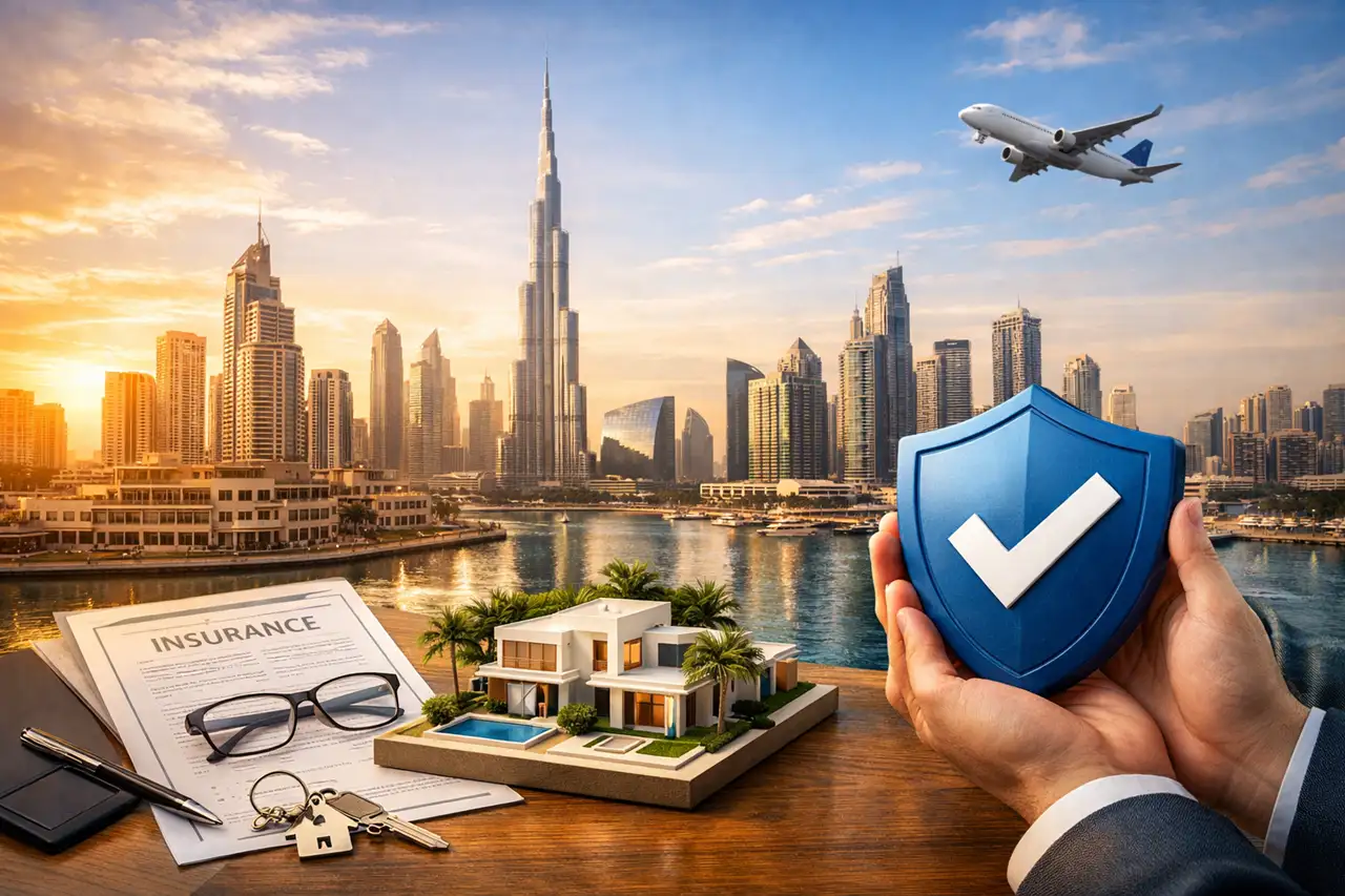 Property insurance for overseas investors in Dubai showing insurance documents, luxury villa model, keys, protective shield, and Dubai skyline. Presented by Tohid Fetrat