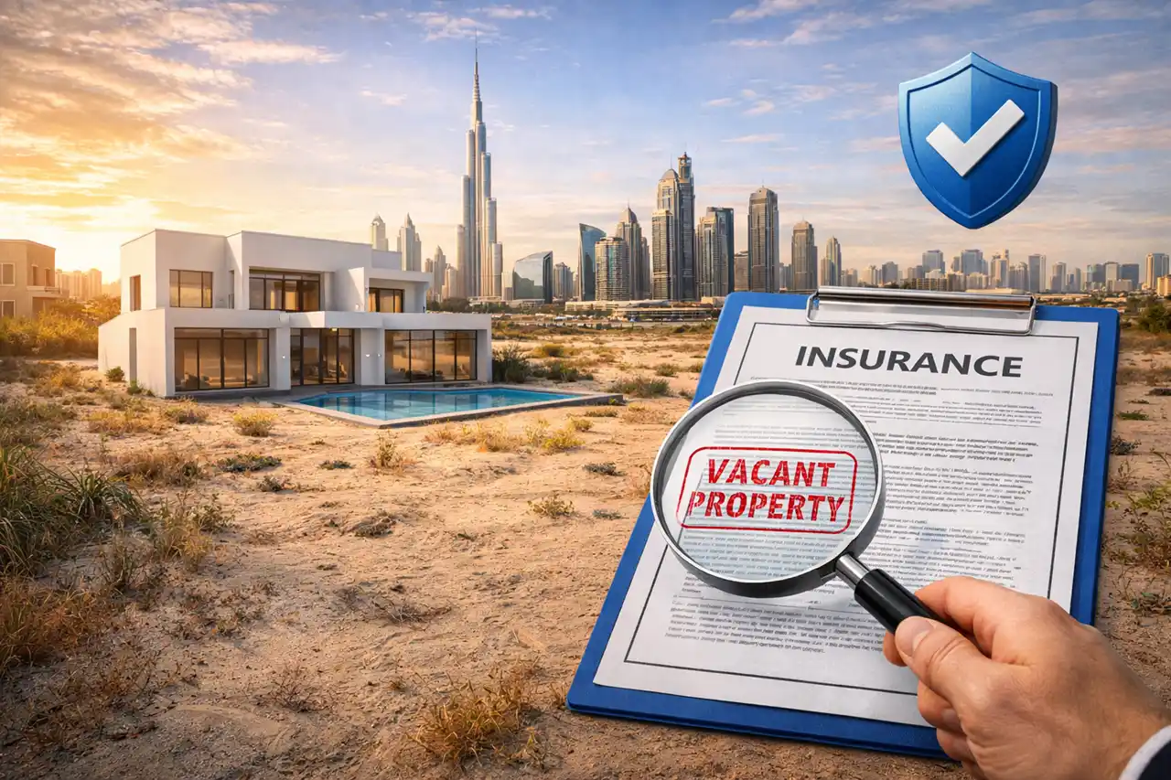 Property insurance for overseas investors in Dubai showing vacant property insurance concept with insurance document, vacant property stamp, modern villa, and Dubai skyline. Presented by Tohid Fetrat