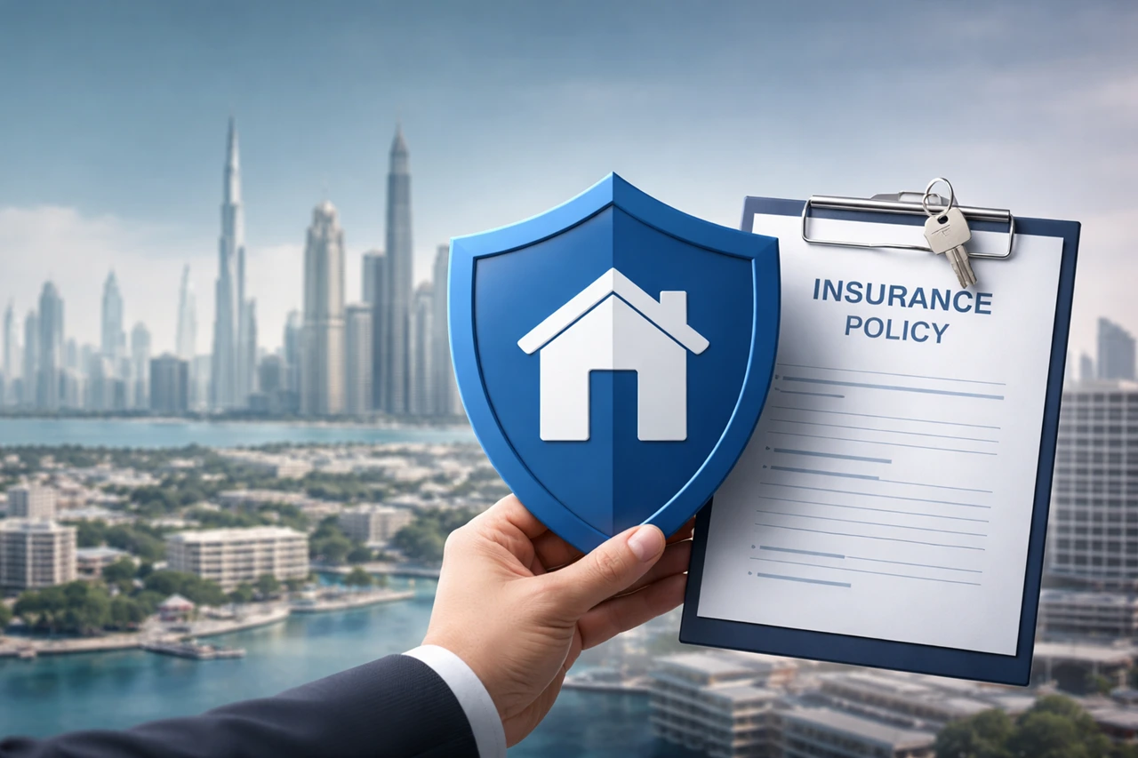 Property insurance in Dubai concept showing home protection shield and insurance policy document with Dubai skyline background Presented by Tohid Fetrat