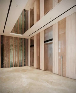 modern elevator lobby with wood paneling vertical slats and double height ceiling at Sunset Bay Grand by Imtiaz Dubai Islands Presented by Tohid Fetrat