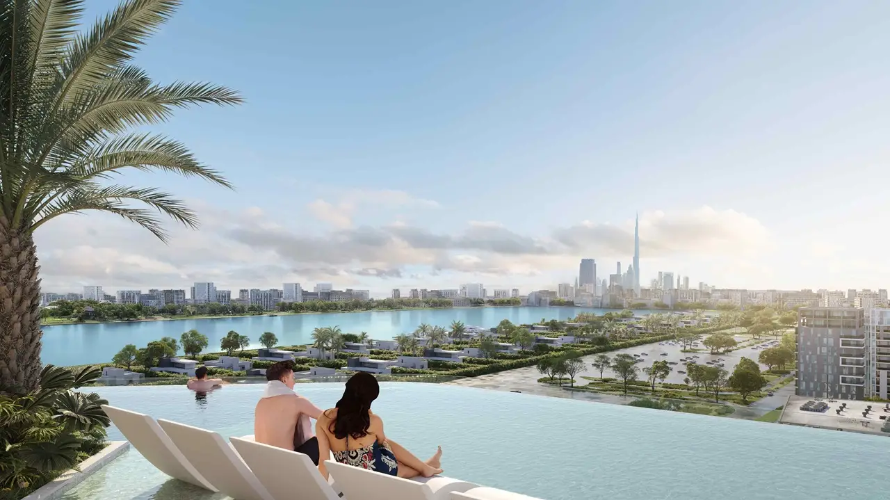 infinity pool city view at Sunset Bay Grand by Imtiaz at Dubai Islands Presented by Tohid Fetrat