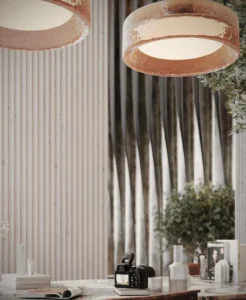 interior design detail with pendant lights marble table and decor at Sunset Bay Grand by Imtiaz Dubai Islands Presented by Tohid Fetrat