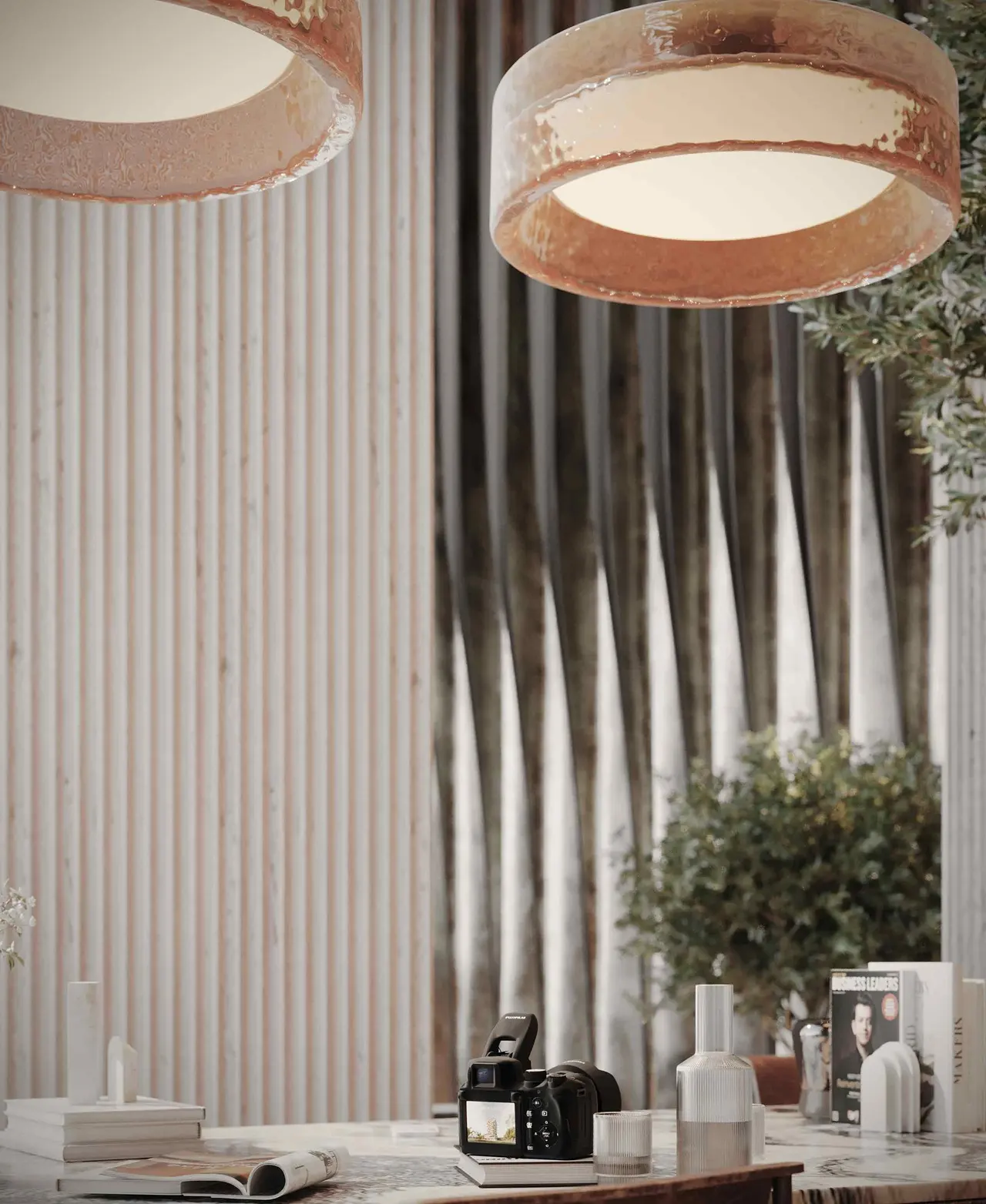 interior design detail with pendant lights marble table and decor at Sunset Bay Grand by Imtiaz Dubai Islands Presented by Tohid Fetrat