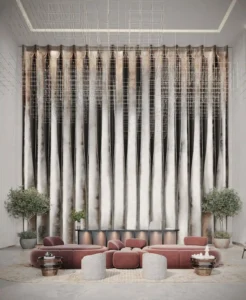 luxury lobby with sculptural seating textured vertical feature wall and statement chandelier at Sunset Bay Grand by Imtiaz Dubai Islands Presented by Tohid Fetrat