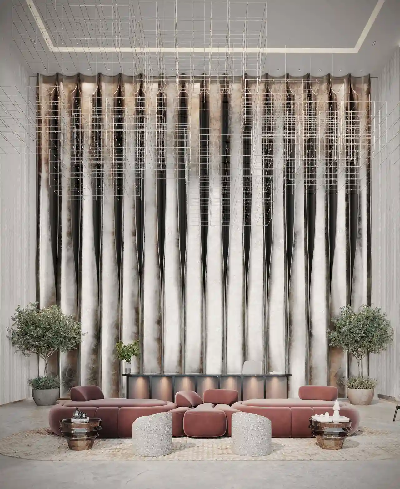 luxury lobby with sculptural seating textured vertical feature wall and statement chandelier at Sunset Bay Grand by Imtiaz Dubai Islands Presented by Tohid Fetrat