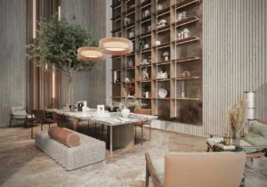 luxury lobby with marble table pendant lights and shelving feature wall at Sunset Bay Grand by Imtiaz Dubai Islands Presented by Tohid Fetrat