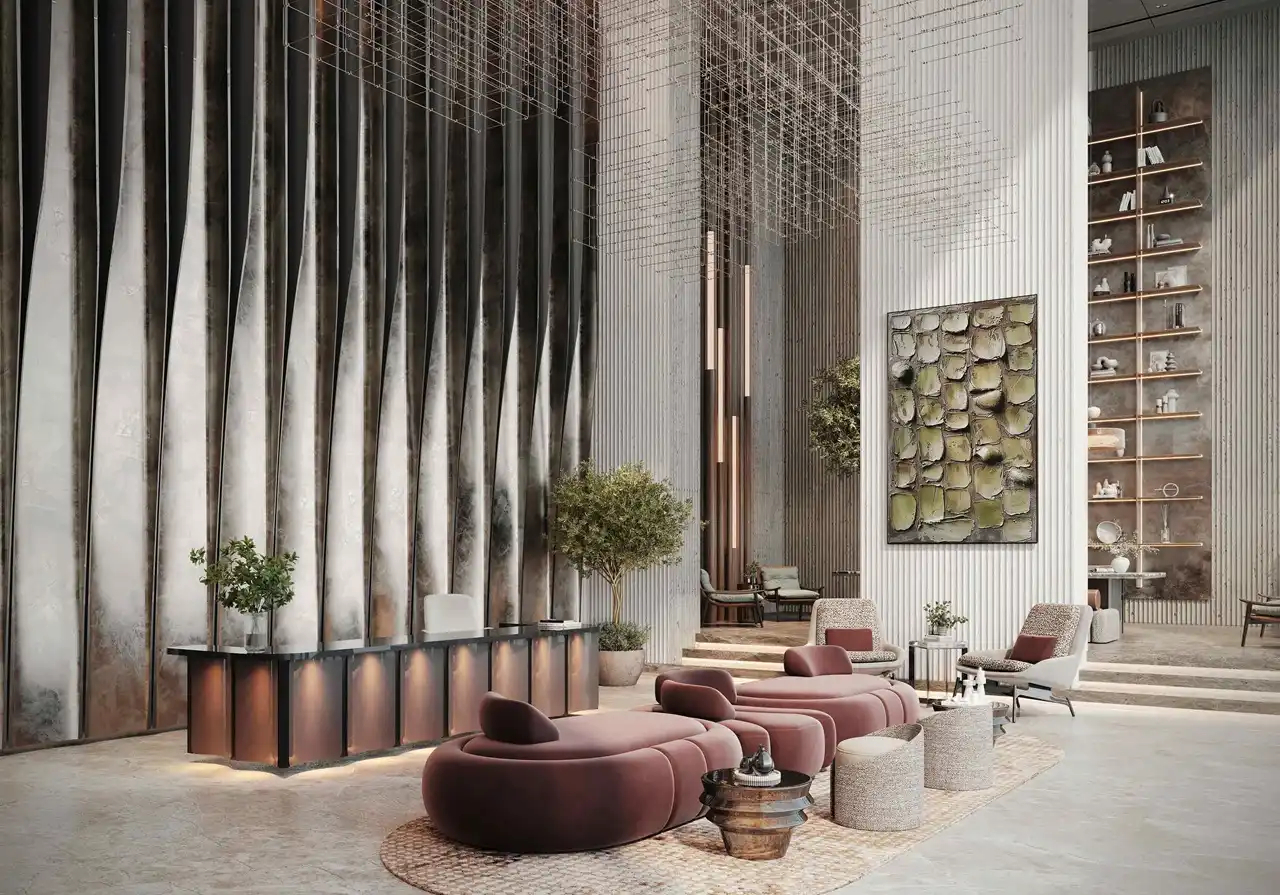 luxury lobby with sculptural seating textured feature wall and double height ceiling at Sunset Bay Grand by Imtiaz Dubai Islands Presented by Tohid Fetrat
