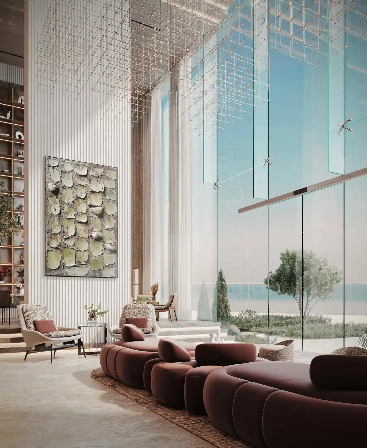 lobby seating with sea view at Sunset Bay Grand by Imtiaz at Dubai Islands Presented by Tohid Fetrat