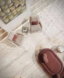 top view of luxury lobby seating with armchairs and curved sofa at Sunset Bay Grand by Imtiaz Dubai Islands Presented by Tohid Fetrat