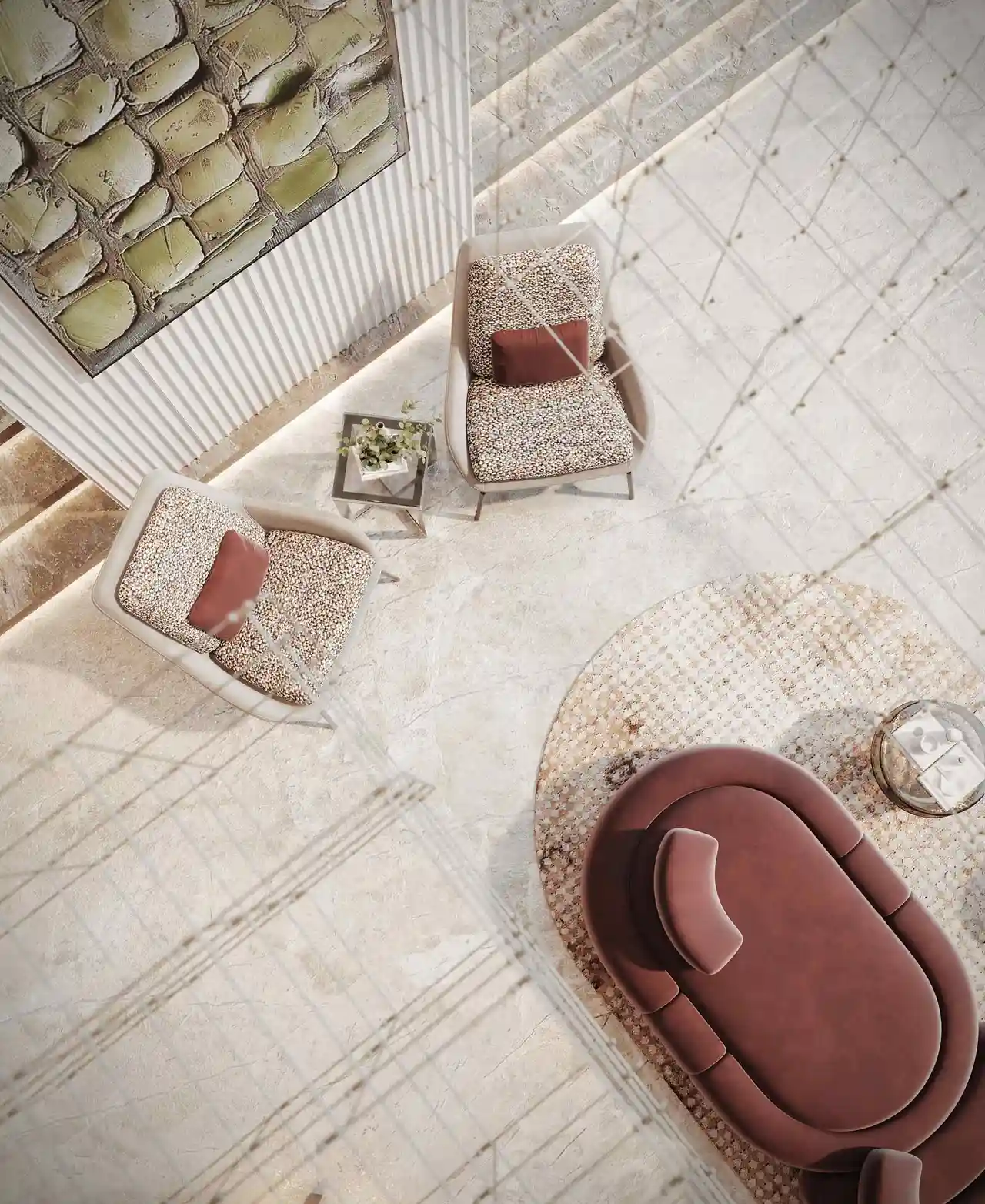 top view of luxury lobby seating with armchairs and curved sofa at Sunset Bay Grand by Imtiaz Dubai Islands Presented by Tohid Fetrat