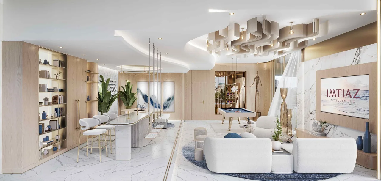 lounge bar and billiards area at Sunset Bay Grand by Imtiaz at Dubai Islands Presented by Tohid Fetrat