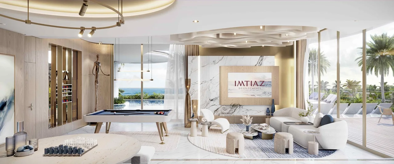 luxury lounge interior with billiards at Sunset Bay Grand by Imtiaz at Dubai Islands Presented by Tohid Fetrat