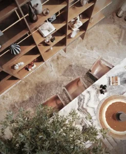 top view of marble counter with bar seating and decorative shelving at Sunset Bay Grand by Imtiaz Dubai Islands Presented by Tohid Fetrat