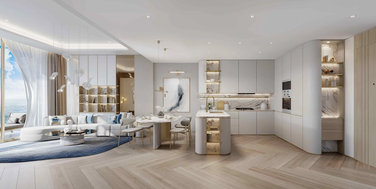 open plan living and kitchen at Sunset Bay Grand by Imtiaz at Dubai Islands Presented by Tohid Fetrat