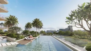 pool deck lounge area at Sunset Bay Grand by Imtiaz at Dubai Islands Presented by Tohid Fetrat