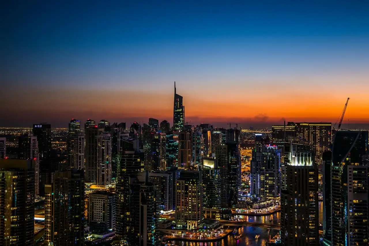 Tenant insurance in Dubai with skyline view of Dubai Marina at night highlighting urban living and residential protection Presented by Tohid Fetrat