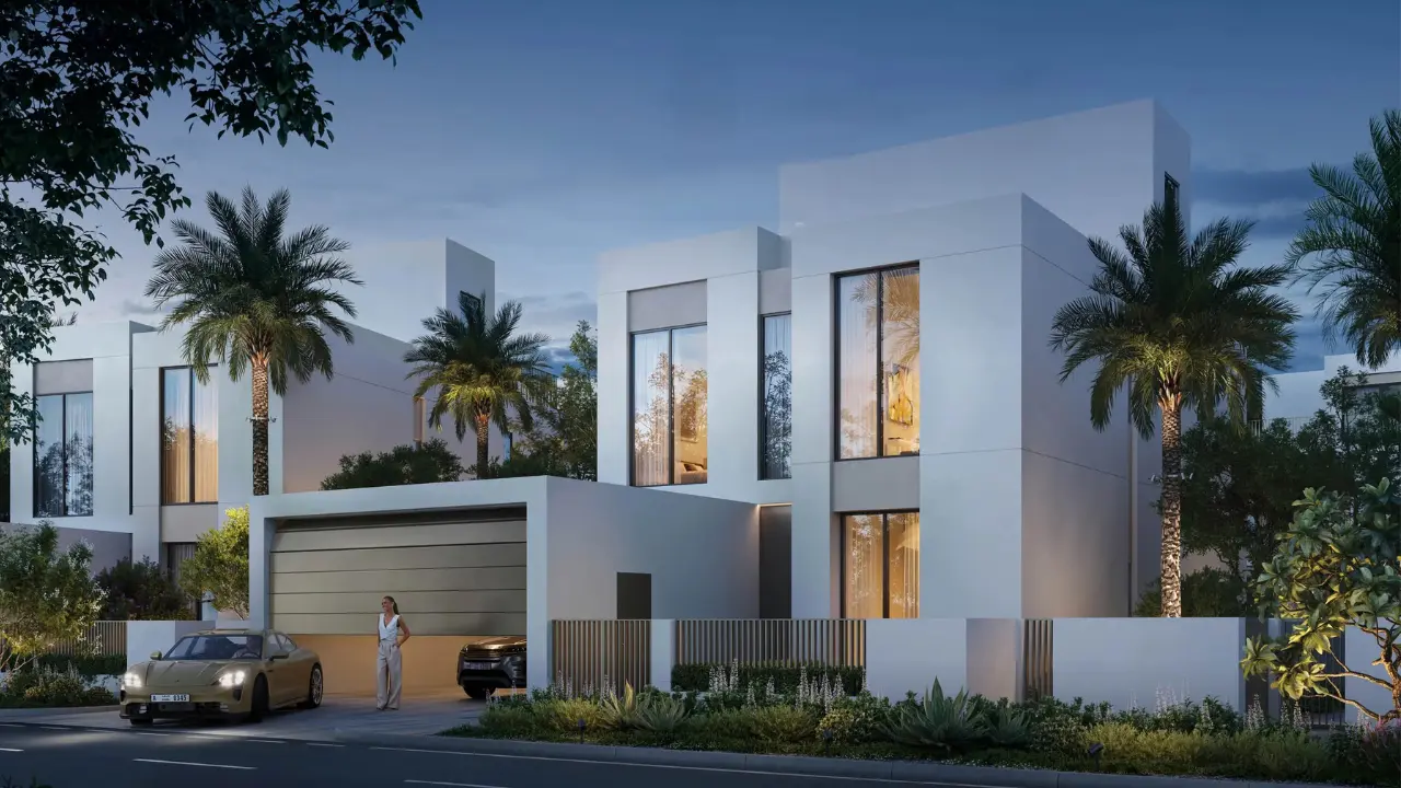 Modern luxury villa exterior in The Heights Villas Dubai for sale with minimalist architecture palm trees landscaped garden and private garage Presented by Tohid Fetrat