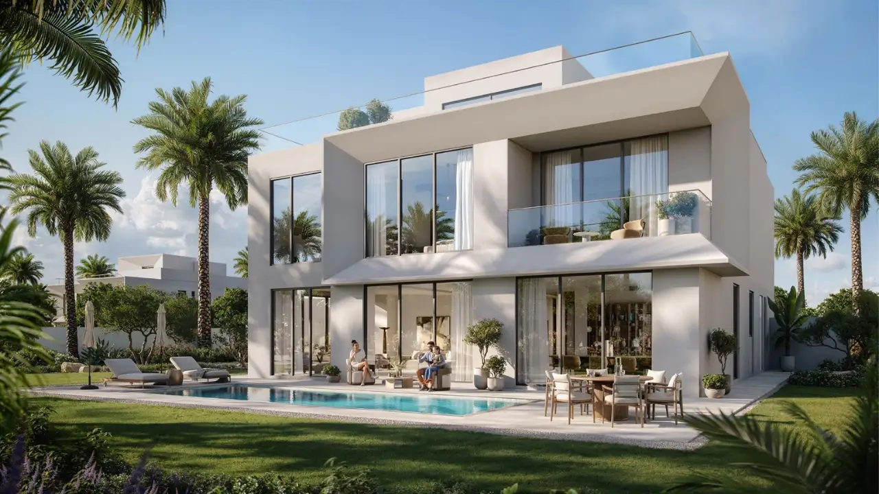 The Oasis villas and townhouses for sale modern luxury villa with private pool landscaped garden and large glass facade Dubai Presented by Tohid Fetrat
