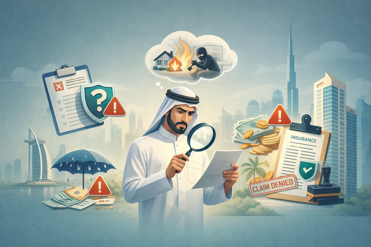 Types of property insurance in Dubai and common mistakes when choosing property insurance showing claim risks denied coverage and financial warnings Presented by Tohid Fetrat